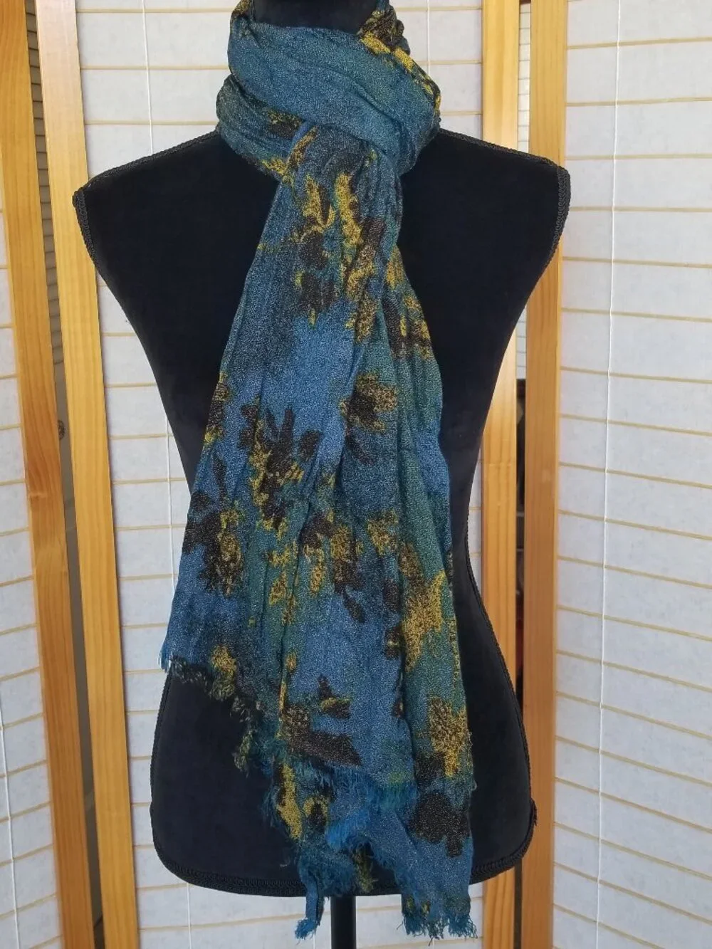 Ann Taylor Blue Scarf Night Sky Black Gold Accents Rectangular Wool Blend Long